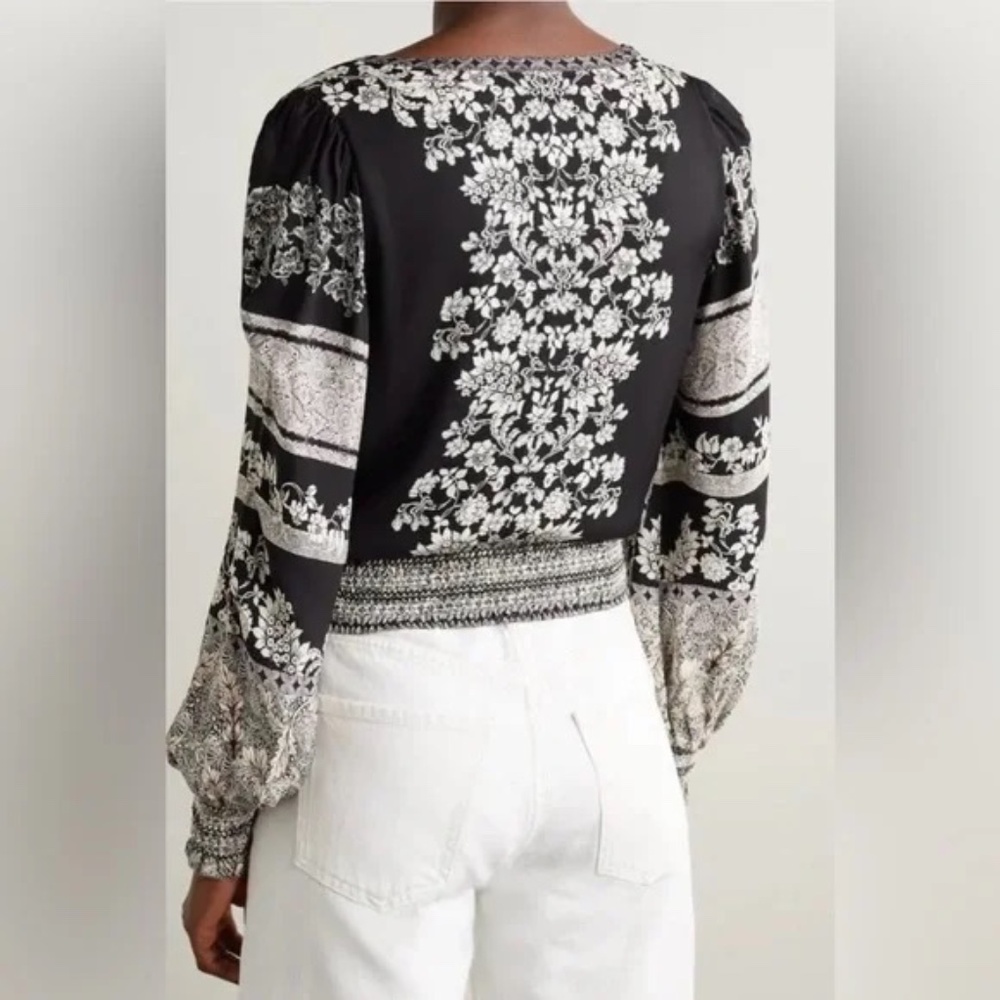 ALICE + OLIVIA Catherine Black White Cropped Wrap-Effect Floral-Print Crepe Top - Picture 8 of 8